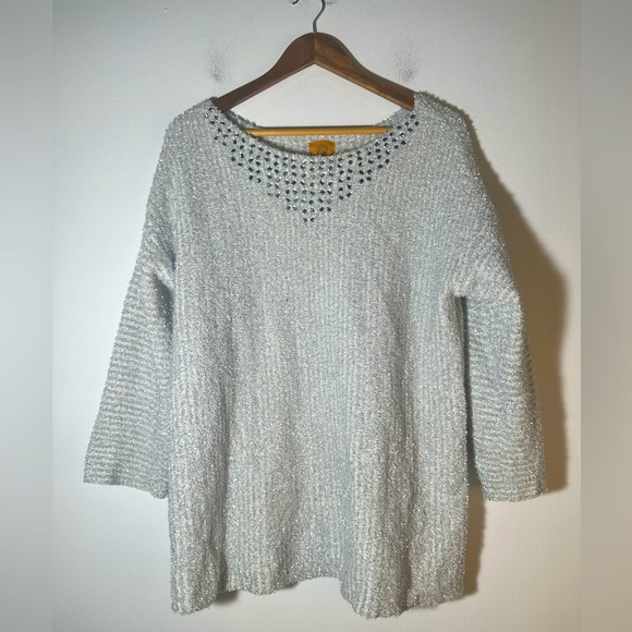 Ruby Rd. Metallic Gray V-Neck Sweater - Picture 1 of 4